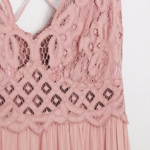 Free People Adella Pink Lace flowy crinkle linen Cottagecore Y2K Maxi Dress - Picture 16 of 16
